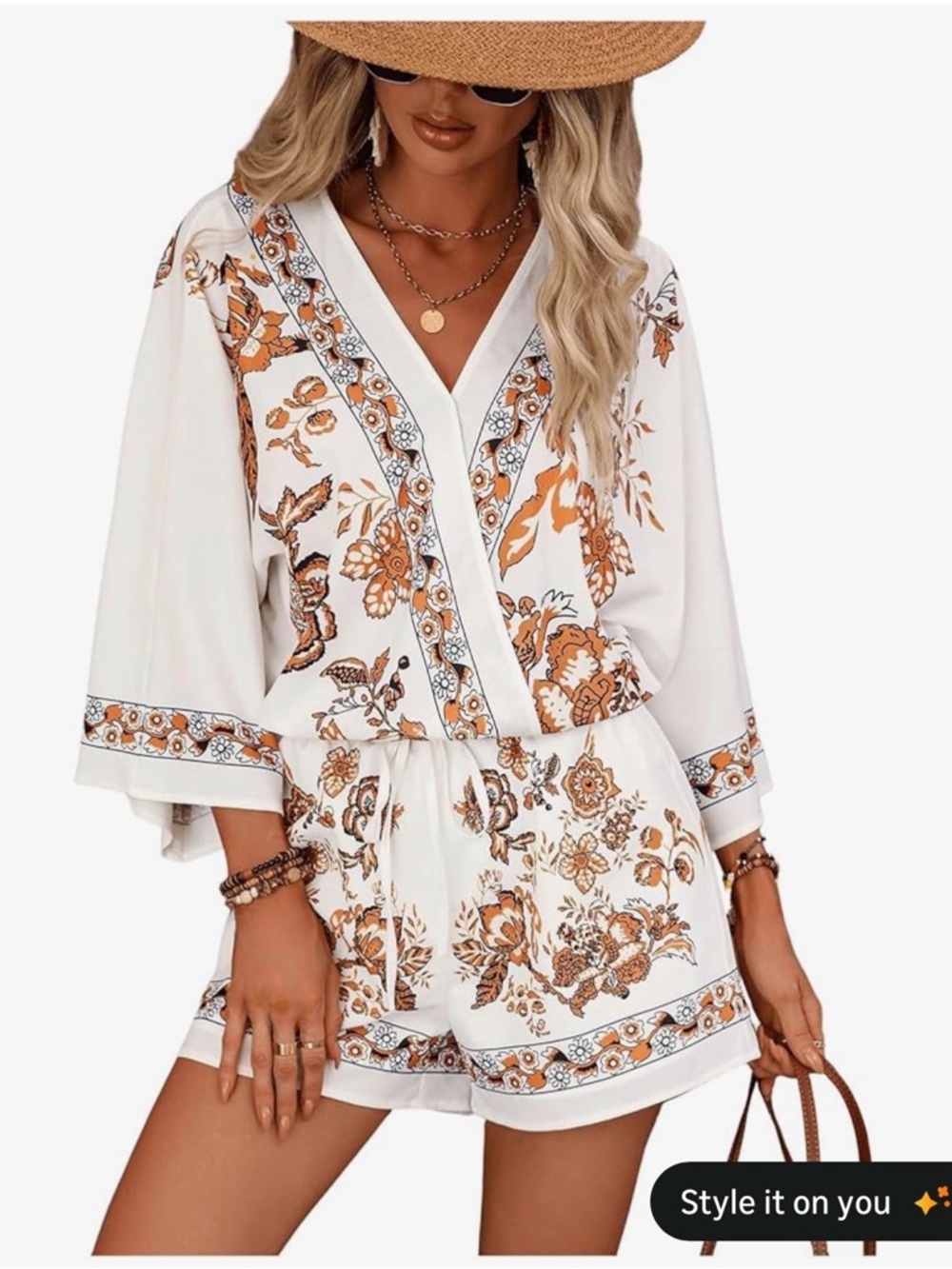 New Amazon White/Brown Floral Print Women's Short Set, Size Large